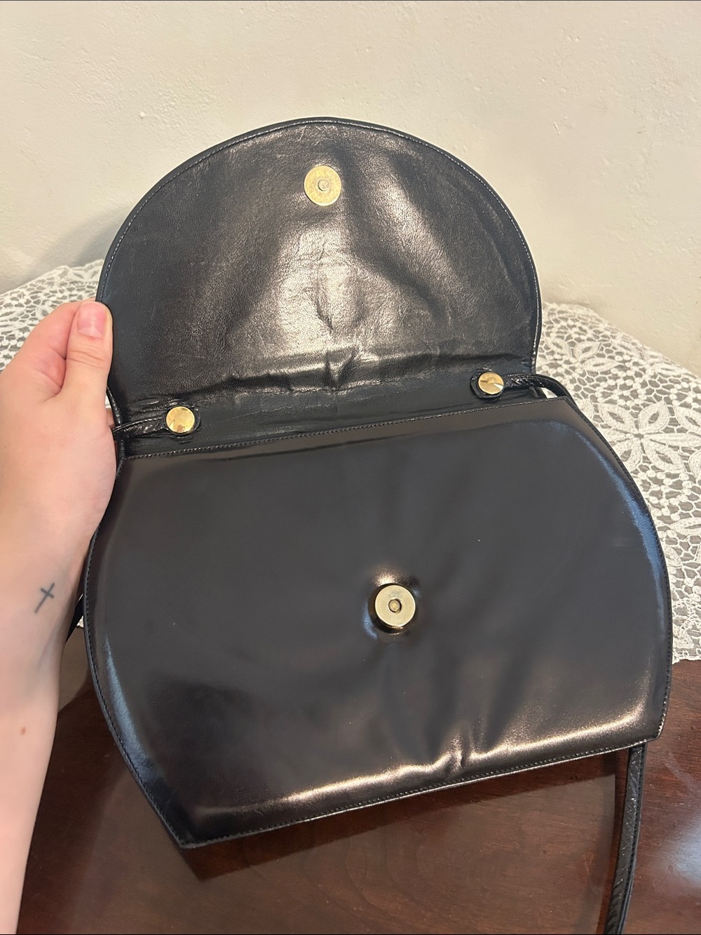 Vintage Italian Leather Elegant Black Crossbody Bag Envelope Snakeskin Accent - Picture 4 of 6